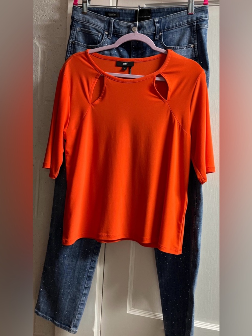 2 pc DKNY Bright Orange Women's Jersey Tank Top/WHBM embellished jeans sz12